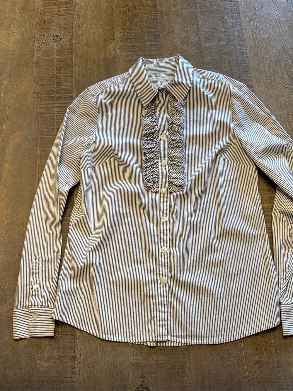 Banana Republic Women's Blue and White Striped Button-Down with Ruffle Bib